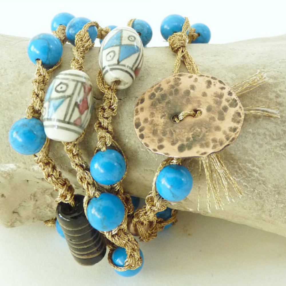 copper turquoise beads macrame bracelet necklace